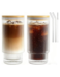 Vasos de Vidrio Estriados AFINSEA 480ml con Tapa y Pajitas