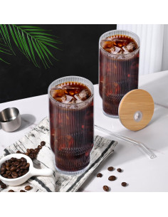 Vasos de Vidrio Estriados AFINSEA 480ml con Tapa y Pajitas 2