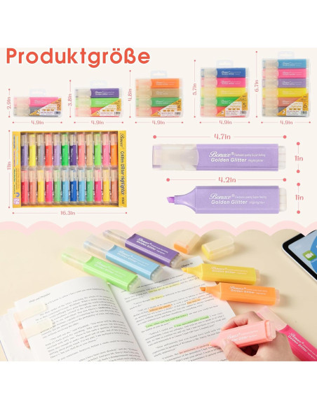 Resaltadores Brillantes Metálicos BONACE - Paquete de 24 Colores