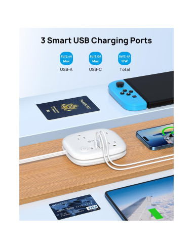 Regleta de Enchufes TROND TD-PS-US19 con 3 Salidas AC y 3 Puertos USB