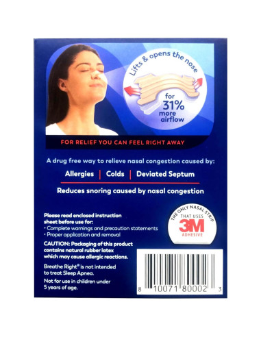 Tiras Nasales Breathe Right Extra Tan 26 Unidades para Ronquidos