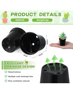 200 Macetas Plásticas Negras 5 cm Yaomiao con Drenaje 2