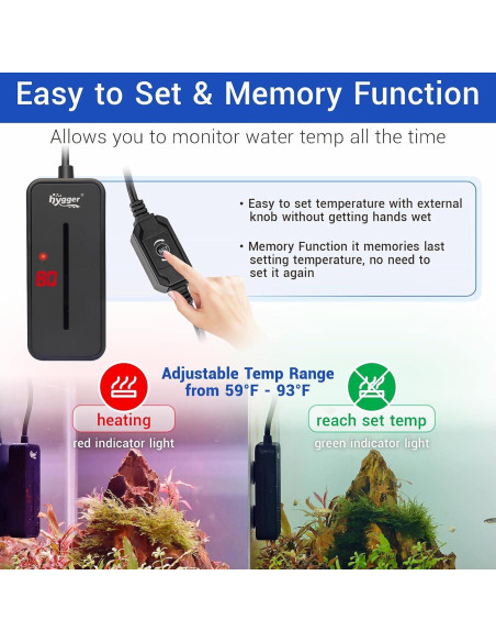 Calentador de Acuario Sumergible Hygger 25W para 7.6-19L