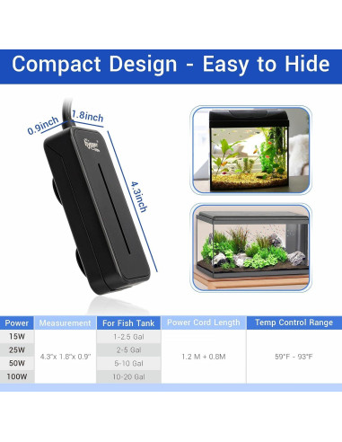 Calentador de Acuario Sumergible Hygger 25W para 7.6-19L
