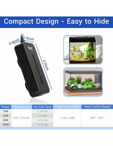 Calentador de Acuario Sumergible Hygger 25W para 7.6-19L