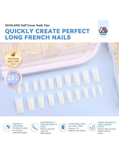 Puntas de Uñas Acrílicas SAVILAND - 10 Tamaños Naturales Cuadrados