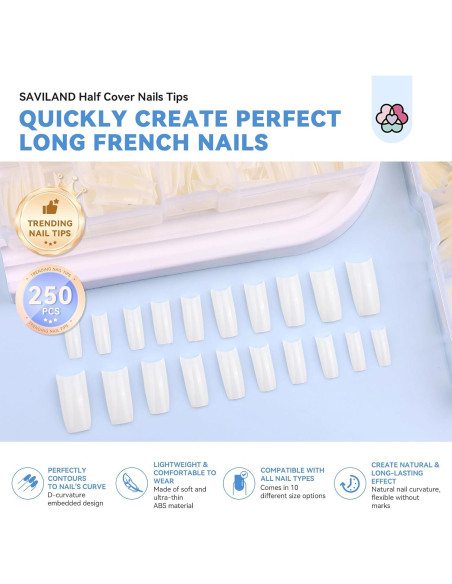 Puntas de Uñas Acrílicas SAVILAND - 10 Tamaños Naturales Cuadrados