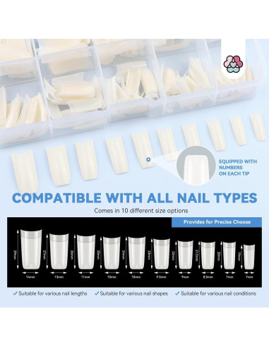 Puntas de Uñas Acrílicas SAVILAND - 10 Tamaños Naturales Cuadrados