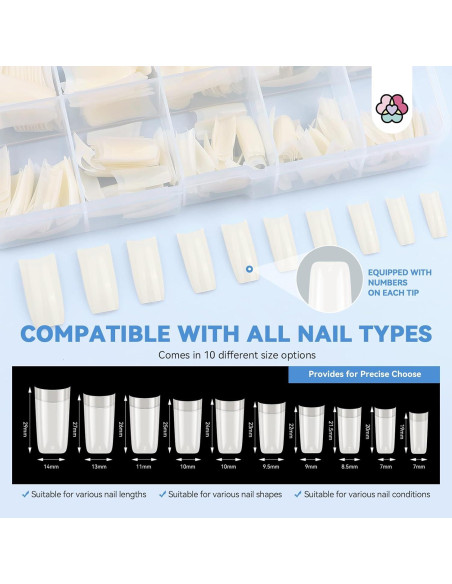 Puntas de Uñas Acrílicas SAVILAND - 10 Tamaños Naturales Cuadrados