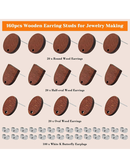 60 Studs de Pendientes de Madera Oubaka con 100 Respaldos DIY
