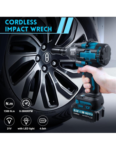 Llave de impacto inalámbrica 21V 1/2" 1000 N.m 3800RPM con 2 baterías