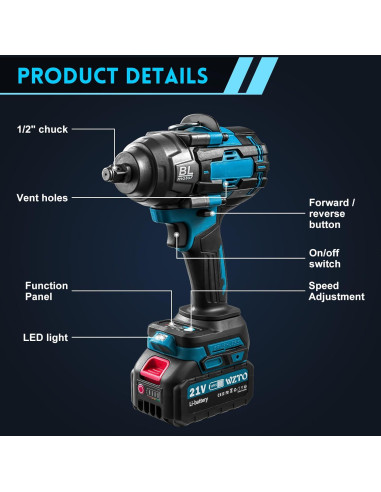 Llave de impacto inalámbrica 21V 1/2" 1000 N.m 3800RPM con 2 baterías