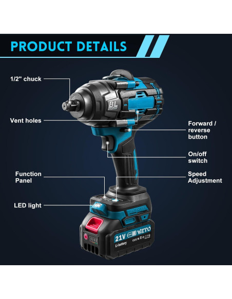 Llave de impacto inalámbrica 21V 1/2" 1000 N.m 3800RPM con 2 baterías