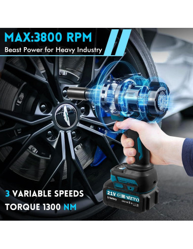 Llave de impacto inalámbrica 21V 1/2" 1000 N.m 3800RPM con 2 baterías