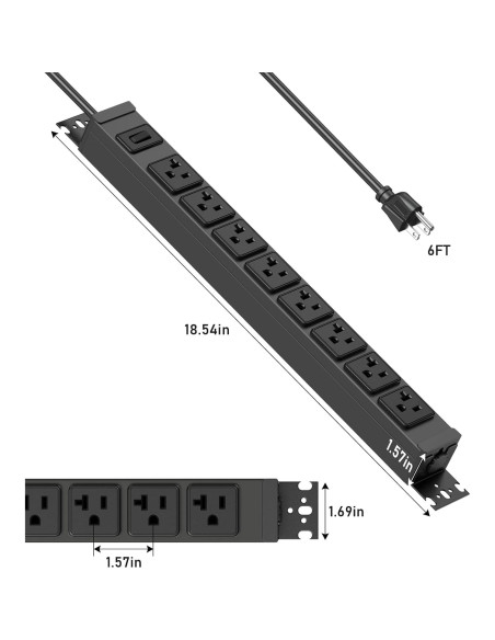 Regleta de Potencia JUNNUJ 20A 1200J Metal 8 Salidas Montada Pared