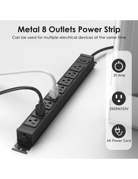 Regleta de Potencia JUNNUJ 20A 1200J Metal 8 Salidas Montada Pared