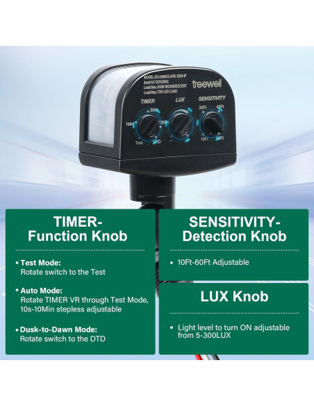 Sensor de Movimiento Treewell 240 Negro, Alcance 18.3m, LUX Ajustable