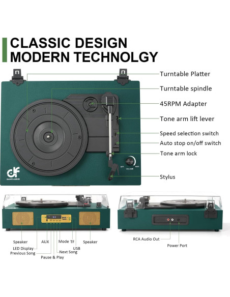 Reproductor de Vinilo Bluetooth DANFI AUDIO TE-2017 Verde Oscuro