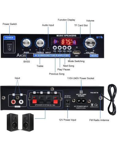 Amplificador de Audio Estéreo Bluetooth Daakro AK35, 200W