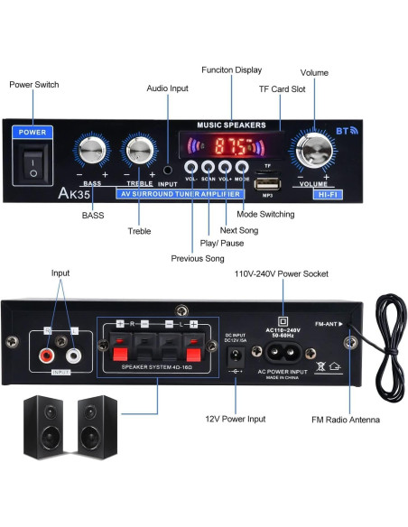 Amplificador de Audio Estéreo Bluetooth Daakro AK35, 200W