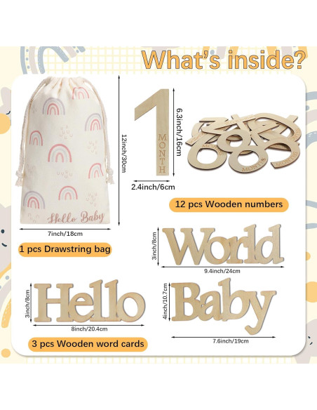 15 Tarjetas de Hitos Mensuales de Madera para Bebés