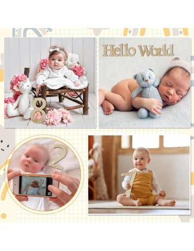 15 Tarjetas de Hitos Mensuales de Madera para Bebés