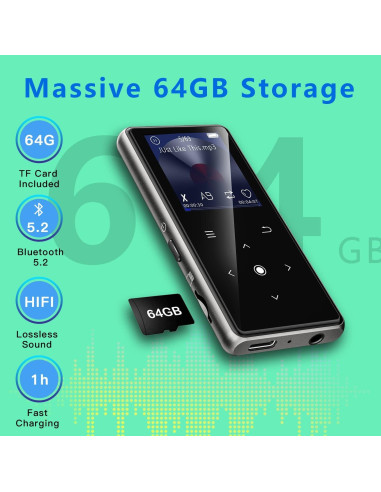 Reproductor MP3 AiMoonsa 64GB Bluetooth 5.2 Altavoz HD