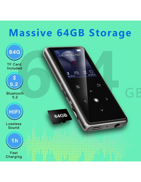 Reproductor MP3 AiMoonsa 64GB Bluetooth 5.2 Altavoz HD