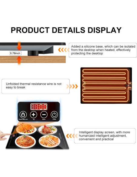 Bandeja Calentadora Eléctrica QEGOON 51x38cm con Termostato