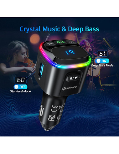 Transmisor FM Bluetooth 5.3 SONRU Coche Carga Rápida 36W