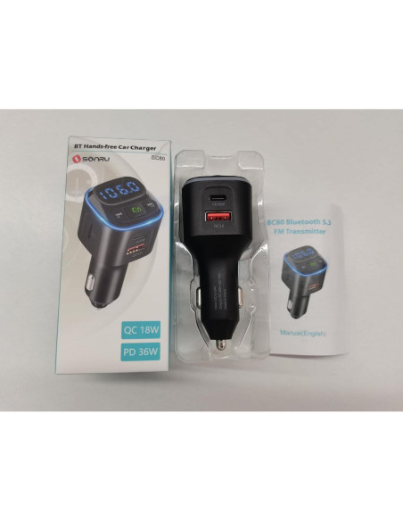 Transmisor FM Bluetooth 5.3 SONRU Coche Carga Rápida 36W