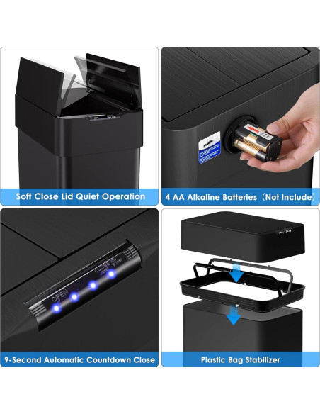 Basurero Automático Arlopu 70L Acero Inoxidable Negro