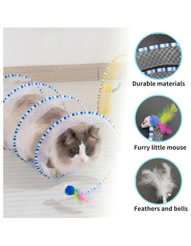 Túnel para Gatos Andiker 25 cm con Plumas y Ratón Azul