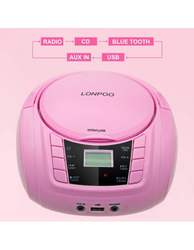Reproductor de CD Portátil Lonpoo LP-D03 Rosa Bluetooth USB