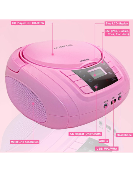Reproductor de CD Portátil Lonpoo LP-D03 Rosa Bluetooth USB