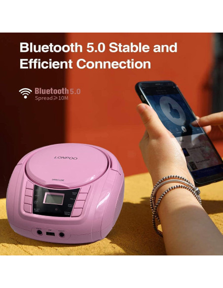 Reproductor de CD Portátil Lonpoo LP-D03 Rosa Bluetooth USB