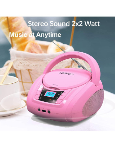 Reproductor de CD Portátil Lonpoo LP-D03 Rosa Bluetooth USB