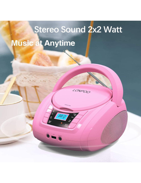 Reproductor de CD Portátil Lonpoo LP-D03 Rosa Bluetooth USB