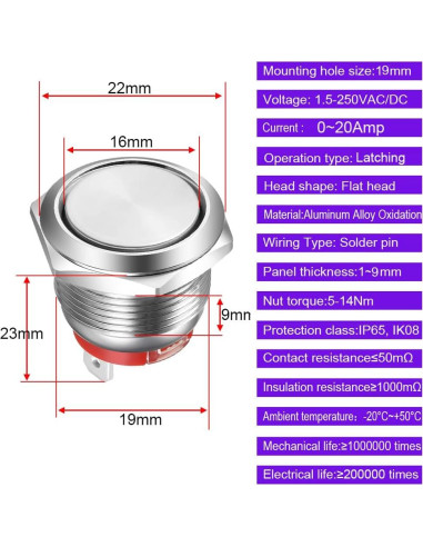 Interruptor de Botón de Presión Gebildet 19mm IP65 Acero Inoxidable