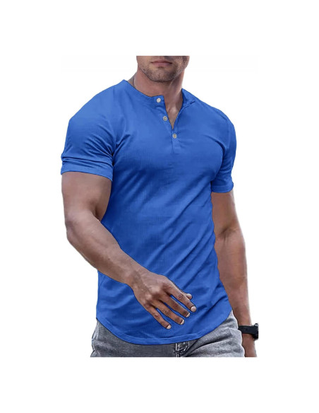 Camisa Henley Ajustada de Musculación JMIERR para Hombre Azul