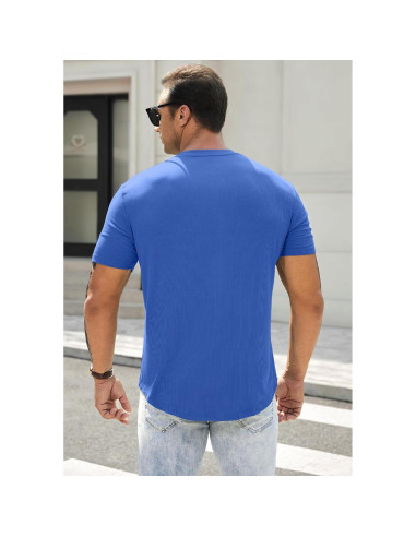 Camisa Henley Ajustada de Musculación JMIERR para Hombre Azul