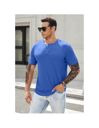 Camisa Henley Ajustada de Musculación JMIERR para Hombre Azul
