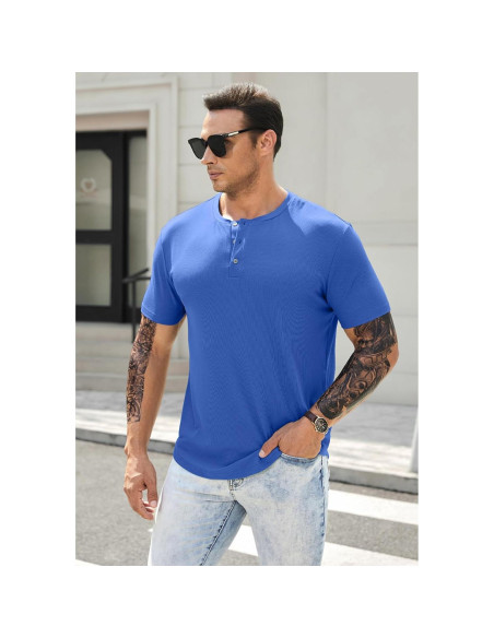 Camisa Henley Ajustada de Musculación JMIERR para Hombre Azul