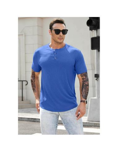 Camisa Henley Ajustada de Musculación JMIERR para Hombre Azul