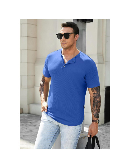 Camisa Henley Ajustada de Musculación JMIERR para Hombre Azul