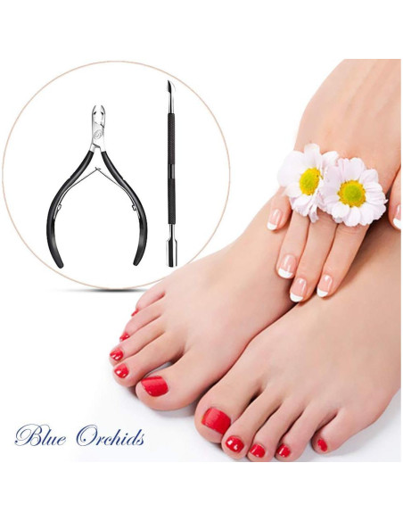 Cortador de Cutículas Blue Orchids con Empujador - Acero Inoxidable