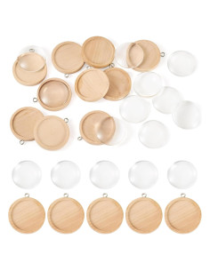 Juego de 10 Bandejas Redondas de Madera Pandahall 30mm con Cabochones de Vidrio