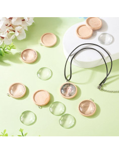 Juego de 10 Bandejas Redondas de Madera Pandahall 30mm con Cabochones de Vidrio 2