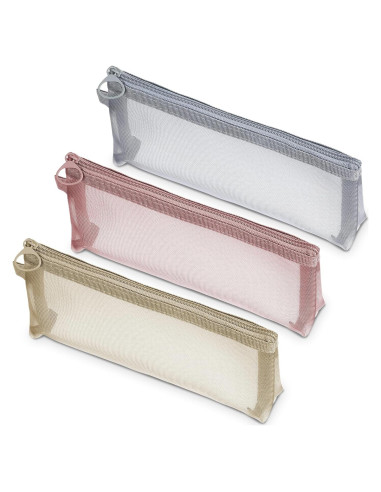 3 Bolsas de Maquillaje de Malla Nylon Yuanchu - Gris, Rosa, Caqui