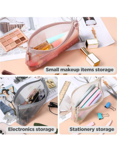 3 Bolsas de Maquillaje de Malla Nylon Yuanchu - Gris, Rosa, Caqui 2